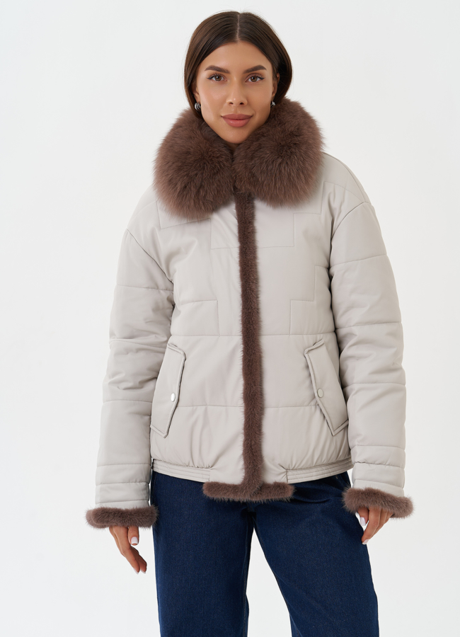 Пуховик из эко кожи с натуральным мехом модель № 27727 меха малина