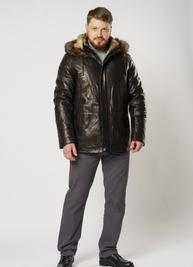 Дубленка из натуральной кожи на волке с капюшоном модель № DM-131 в рассрочку