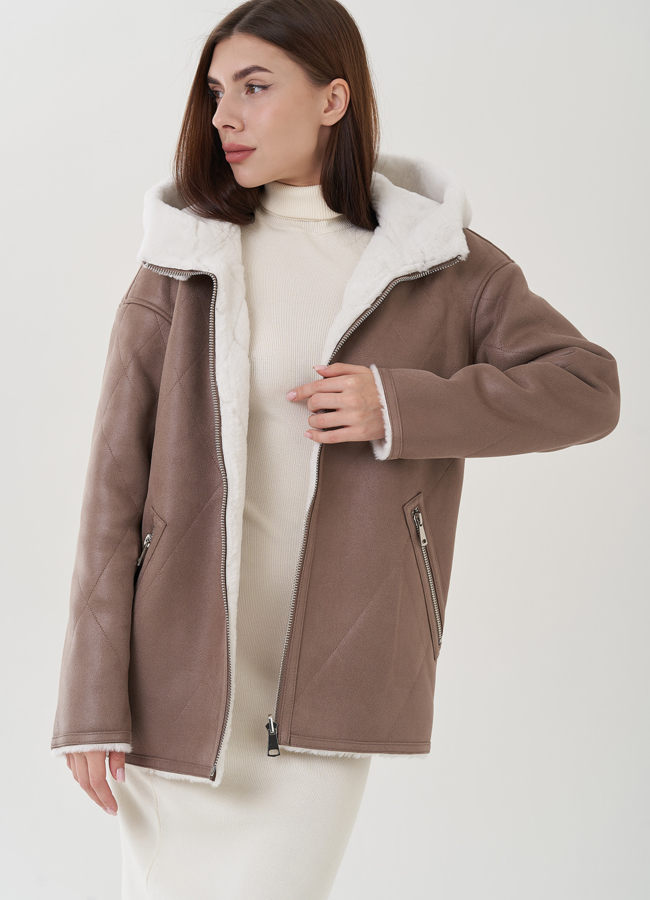 Двухсторонняя женская дубленка из эко замши  модель № 25407 универмаг малина