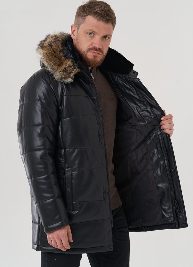 Мужской пуховик из эко кожи с капюшоном  модель № 81845 универмаг малина