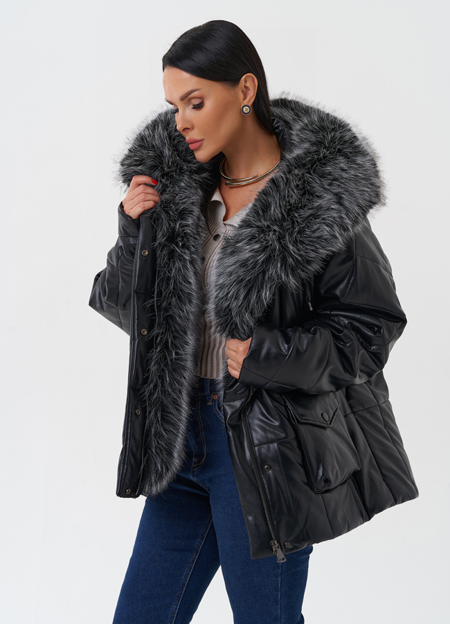 Пуховик из эко кожи с капюшоном из эко меха  модель № 27707 универмаг малина