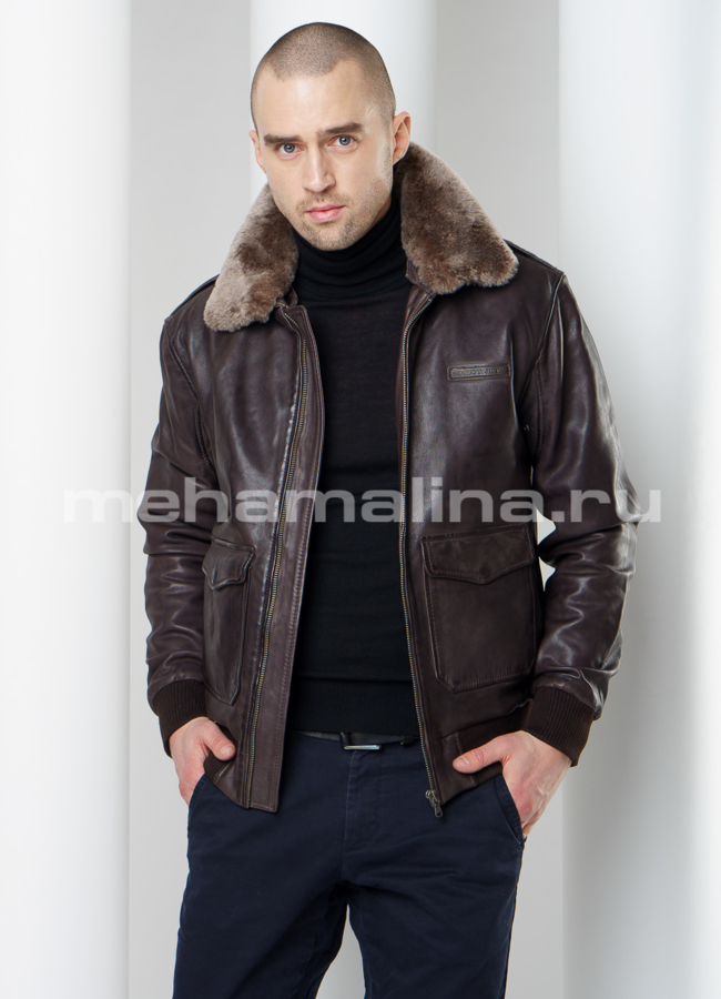 Кожаная куртка на резинке модель № KP-219 универмаг малина