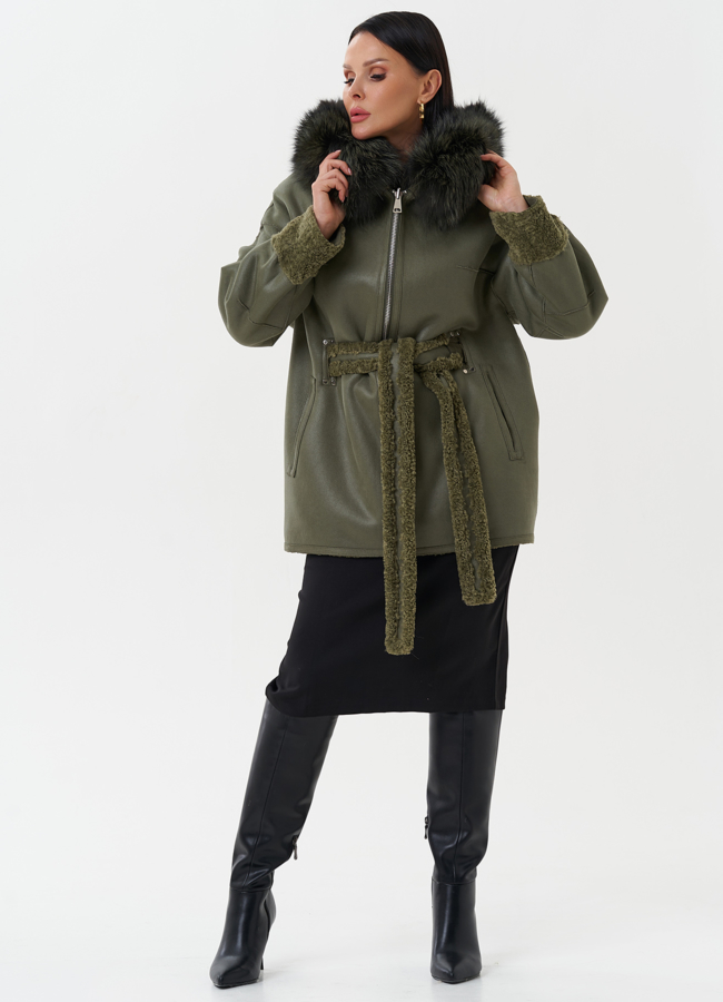 Эко дубленка с капюшоном из меха чернобурки модель № 27771 в кредит