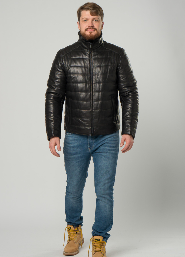 фото Мужской пуховик из натуральной кожи с воротником стойкой модель № 20025