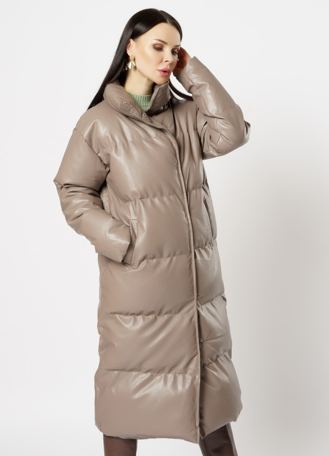 Пальто женское из экокожи бежевого цвета модель № 718-1 универмаг малина