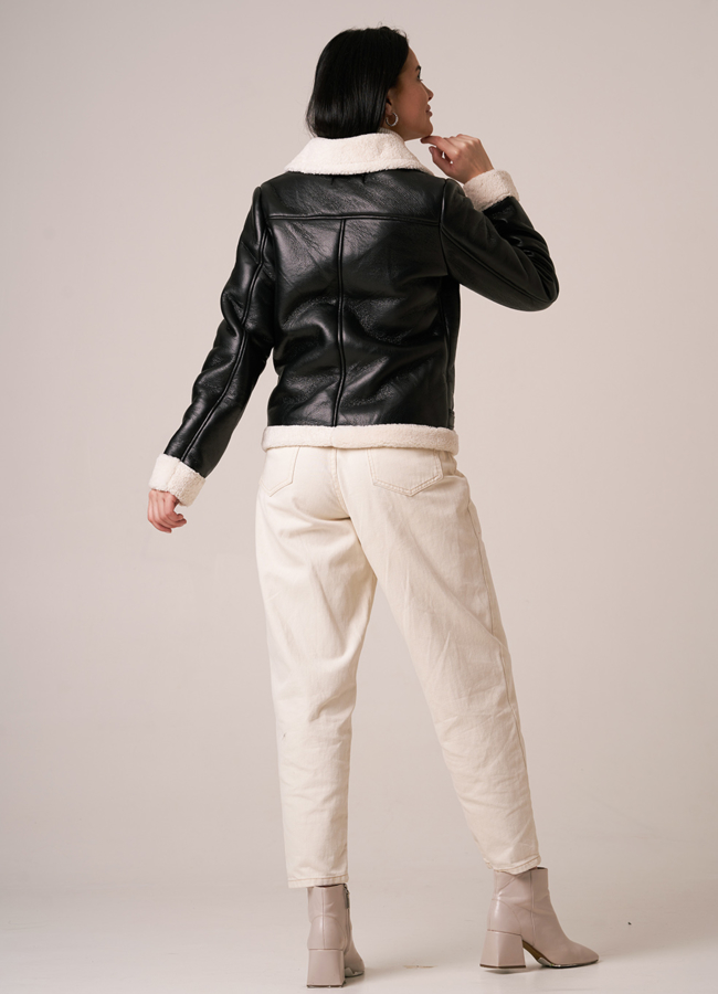 фото Дубленка с отделкой из белого искусственного меха модель № 2091