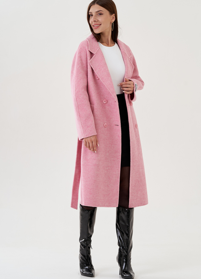 Пальто удлиненное в розовом цвете с поясом модель № 81424 универмаг малина Пальто удлиненное в розовом цвете с поясом модель № 81424 универмаг малина