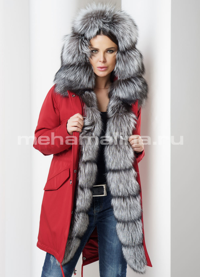 Парка с чернобуркой модель № П-167 меха малина