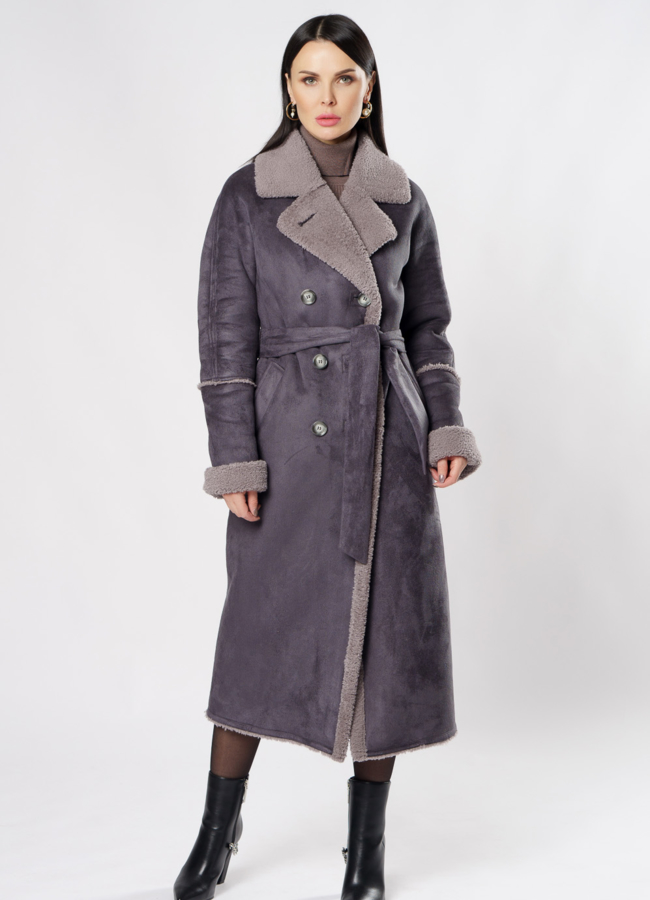 фото Удлиненная дубленка из эко кожи с поясом модель № 18264