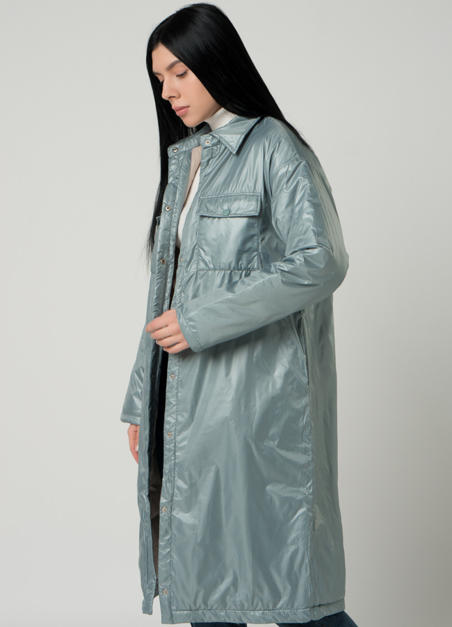 Женское пальто-рубашка светло-зеленого цвета с поясом модель № 22392 универмаг малина