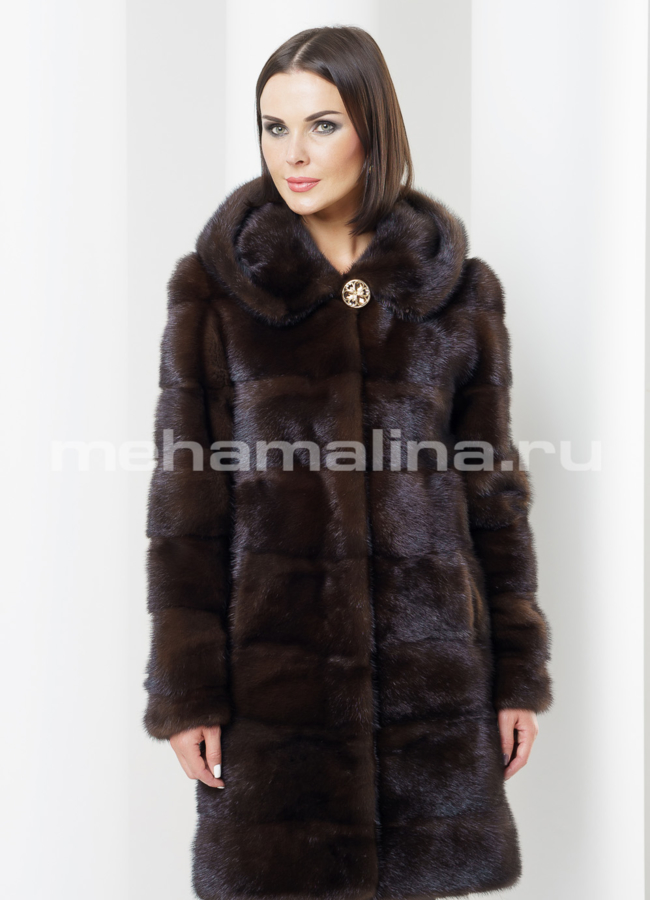 Норковая шуба с капюшоном модель № S-434 меха малина