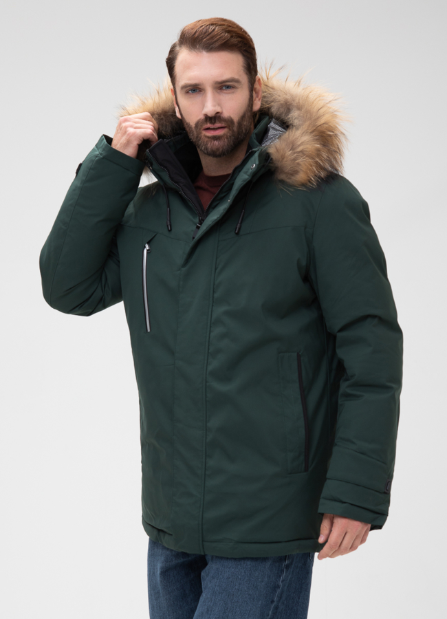 Мужской пуховик с капюшоном из меха енота модель № 28402 меха малина