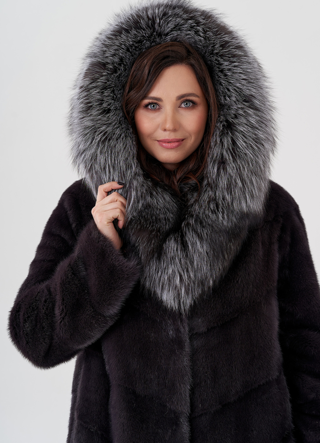 Шуба - баллон из норки с чернобуркой модель № 23949 универмаг малина