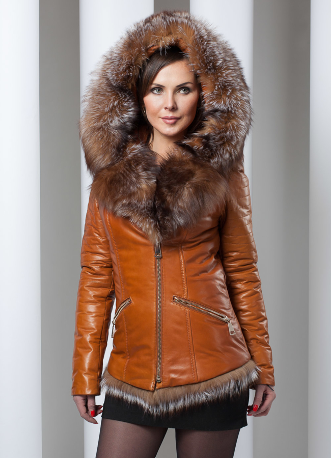 Кожаная куртка с лисой (мех съемный) модель № K-83 меха малина Кожаная куртка с лисой (мех съемный) модель № K-83 меха малина