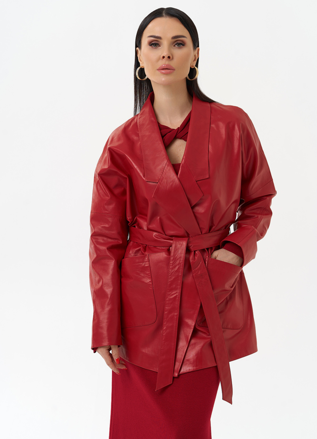 Куртка из натуральной кожи красного цвета модель № 30047 меха малина