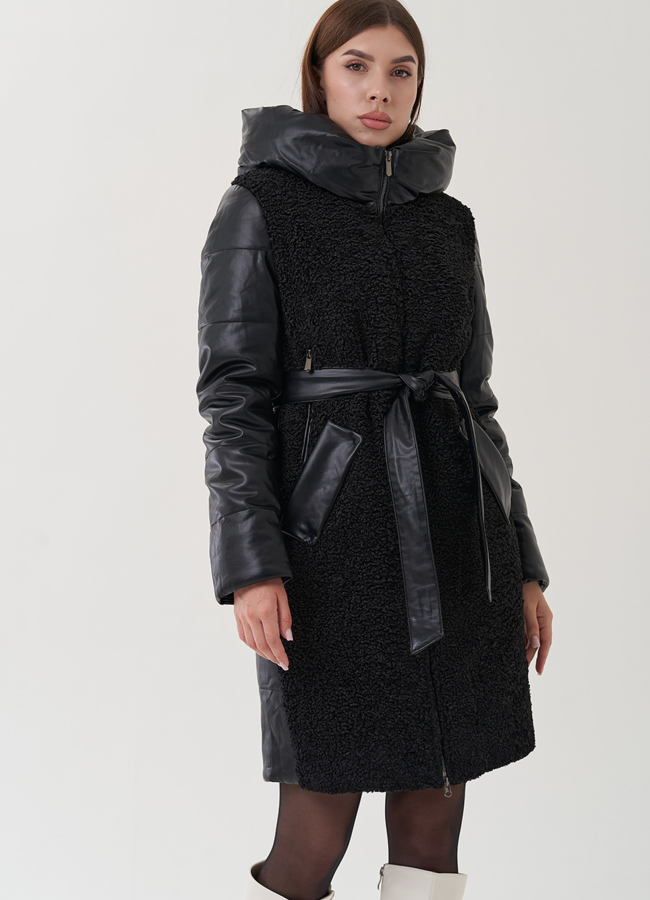 Пуховик из эко кожи с капюшоном модель № 25342 в кредит