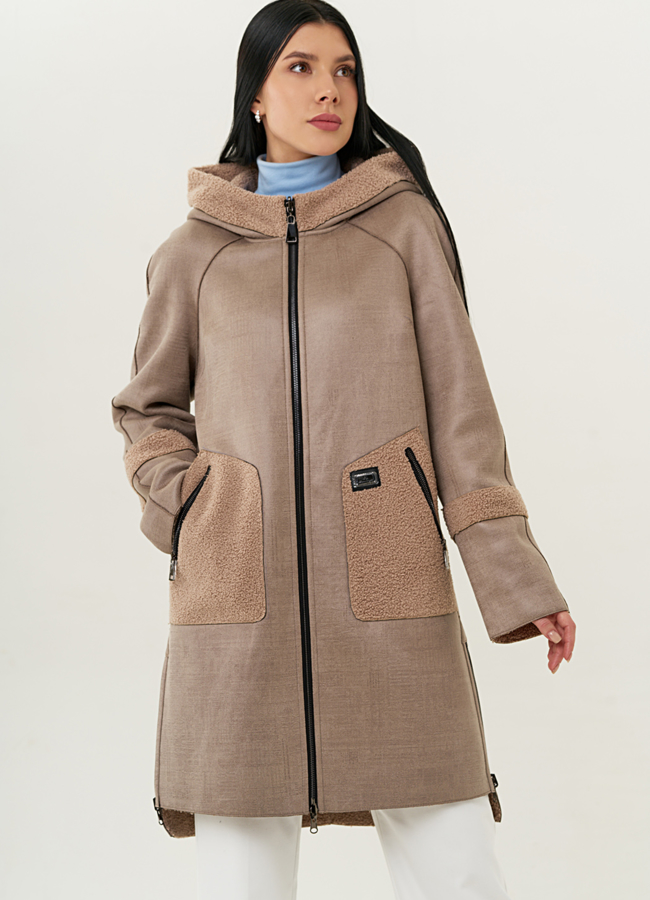 Женское двустороннее пальто из эко замши модель № 22311 меха малина