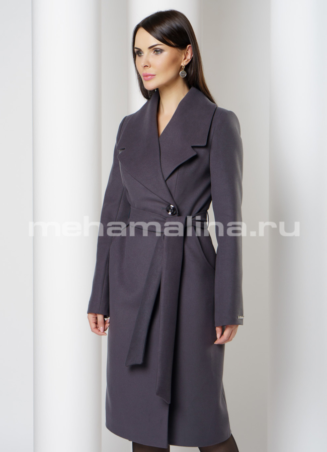 фото Приталенное пальто в цвете графит с английским воротником модель № 231