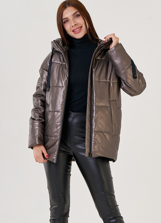 Укороченный женский пуховик из эко кожи Malina Siberian модель № 23372 универмаг малина