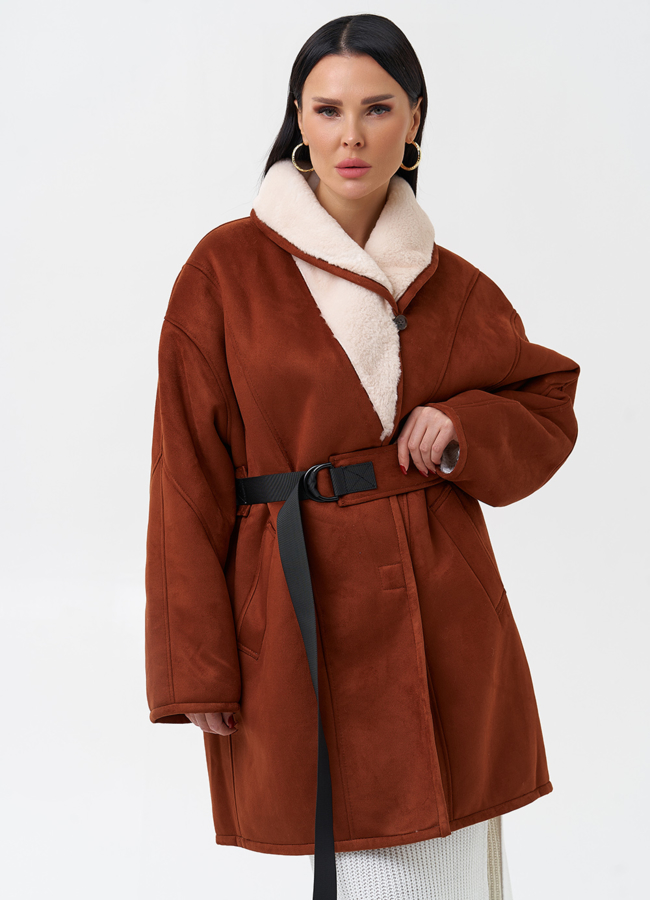 Женская дубленка из эко кожи модель № 28527 меха малина