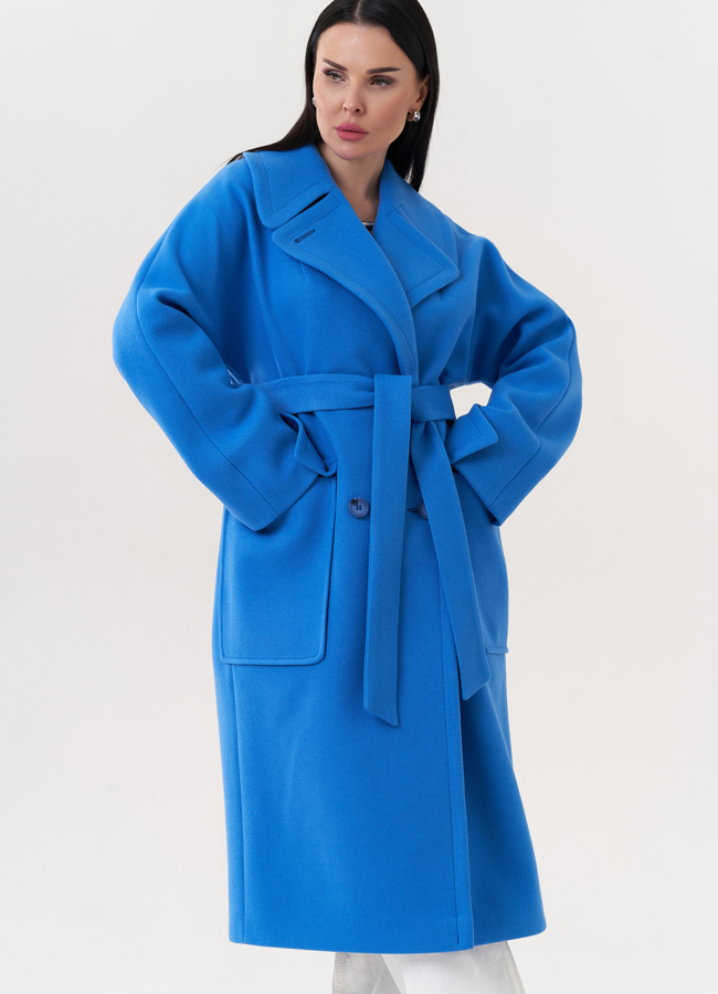 фото Пальто голубого цвета с английским воротником модель № 26841