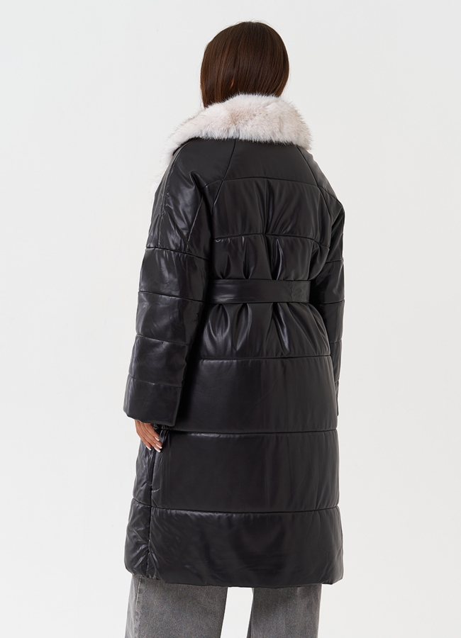 Пуховик из эко кожи с английским воротником модель № 23364 универмаг малина