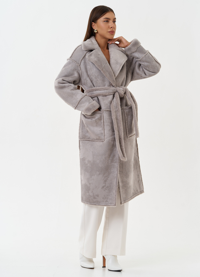 Двухсторонняя эко дубленка с английским воротником модель № 27774 в кредит