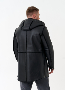 Мужская натуральная дубленка с капюшоном