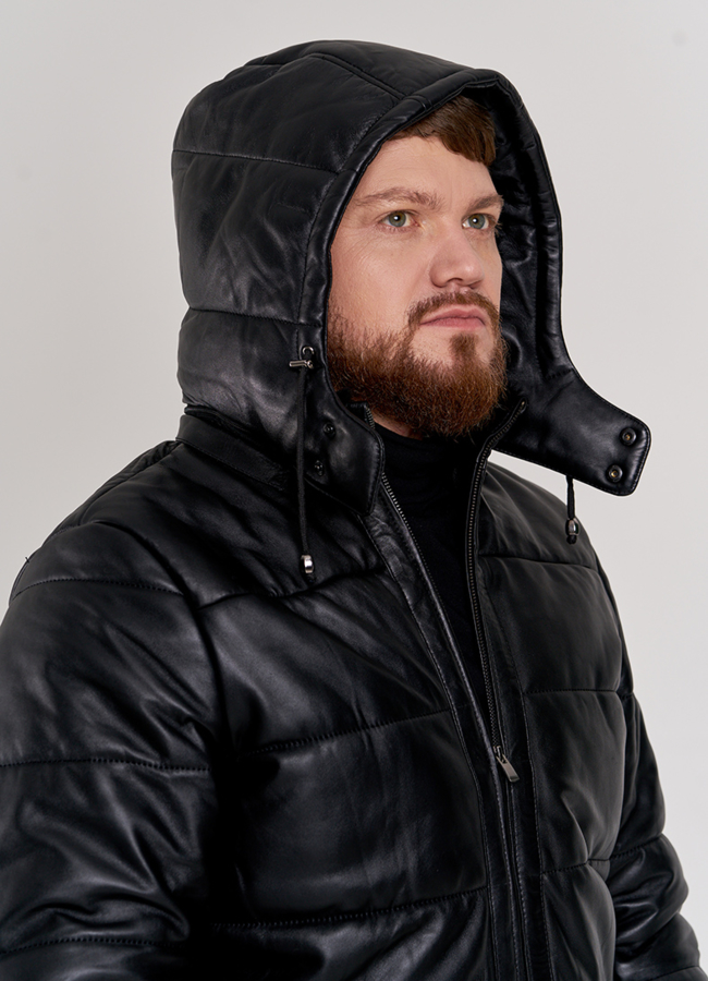 Зимняя кожаная куртка с капюшоном модель № П-511 универмаг малина