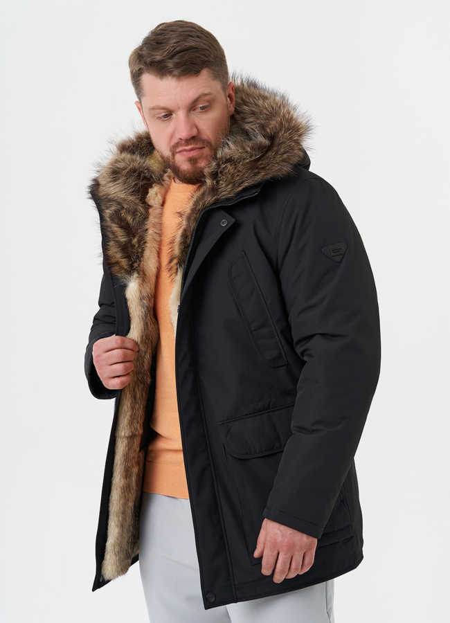 Полупальто с капюшоном из меха енота модель № 26151 универмаг малина