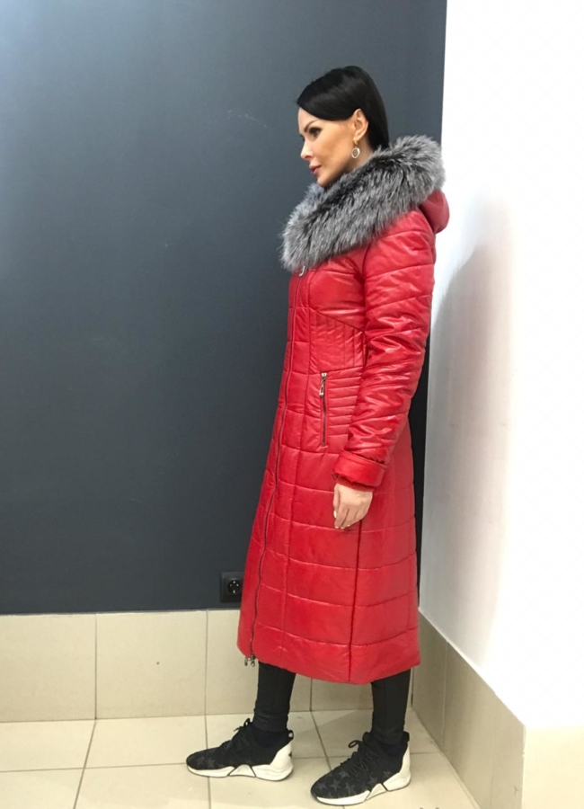 Пуховик из эко кожи на молнии с капюшоном модель № 976 в кредит