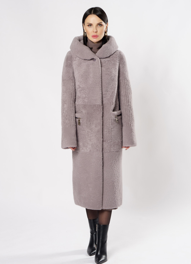Пальто из овчины серого цвета с капюшоном модель № 11994 универмаг малина
