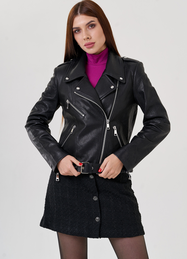 Косуха из натуральной кожи модель № 79086 меха малина