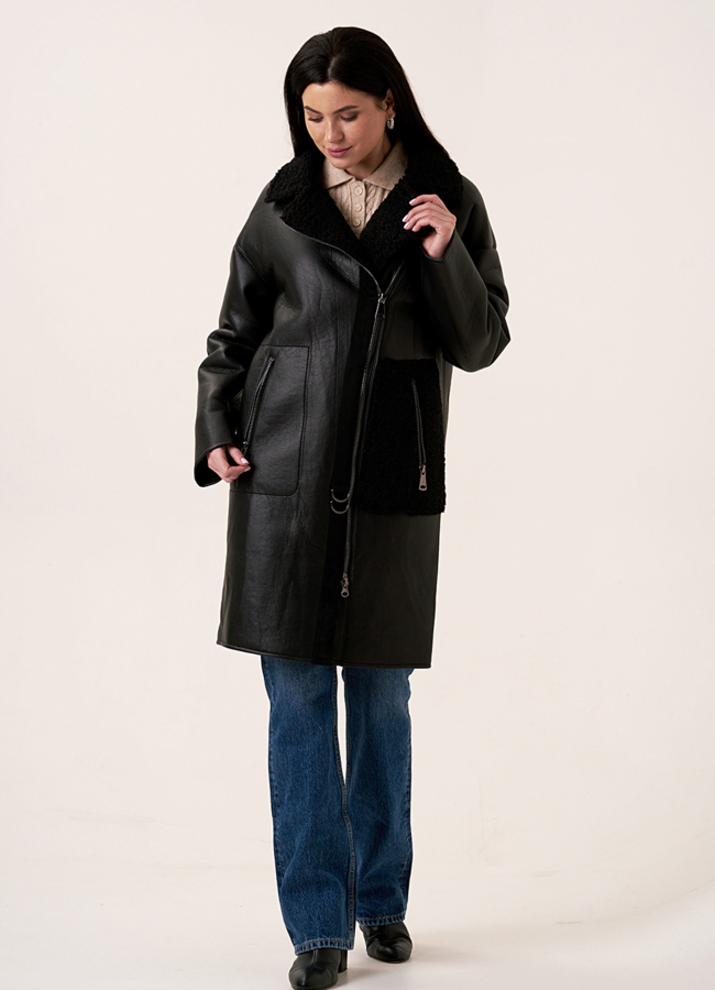 Женская искусственная дубленка на молнии с отложным воротником модель № 2026 универмаг малина