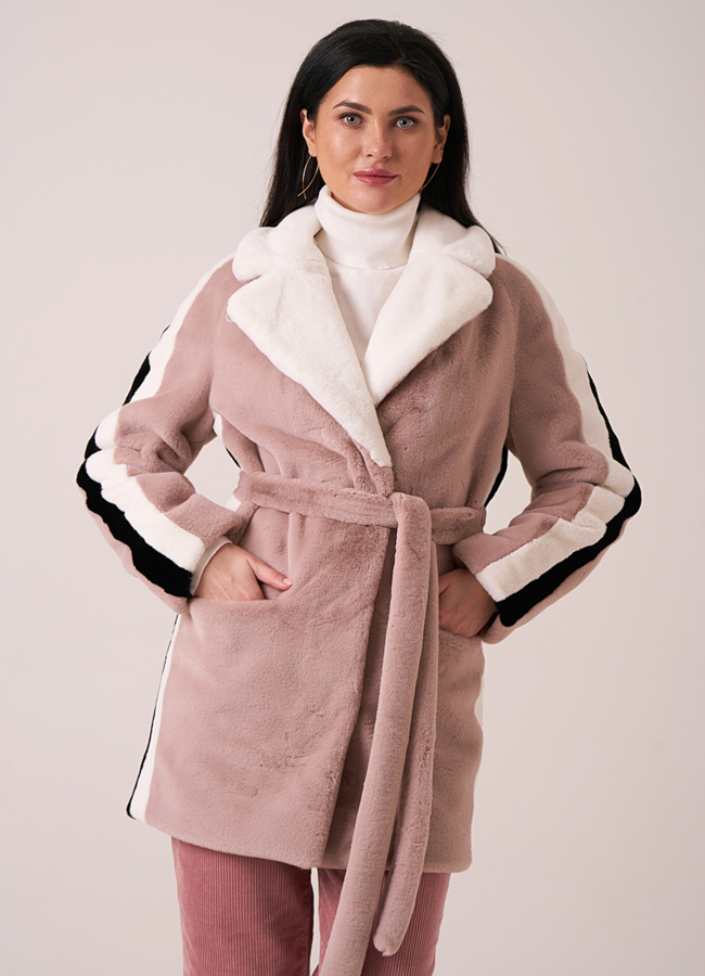 Шуба из искусственного меха с английским воротником на поясе модель № 1107 меха малина