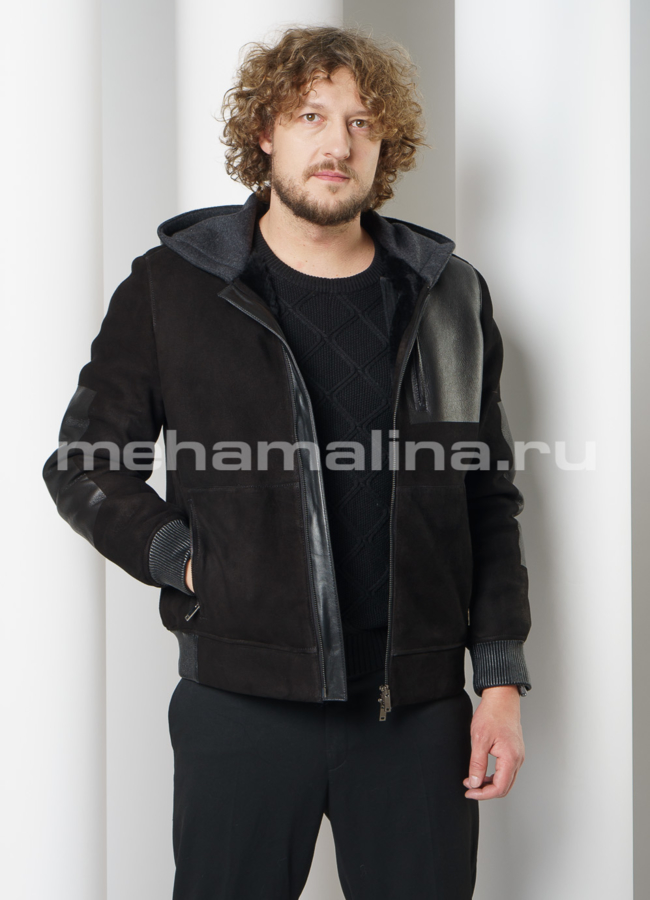 Дубленка на молнии с капюшоном модель № DM-124 меха малина