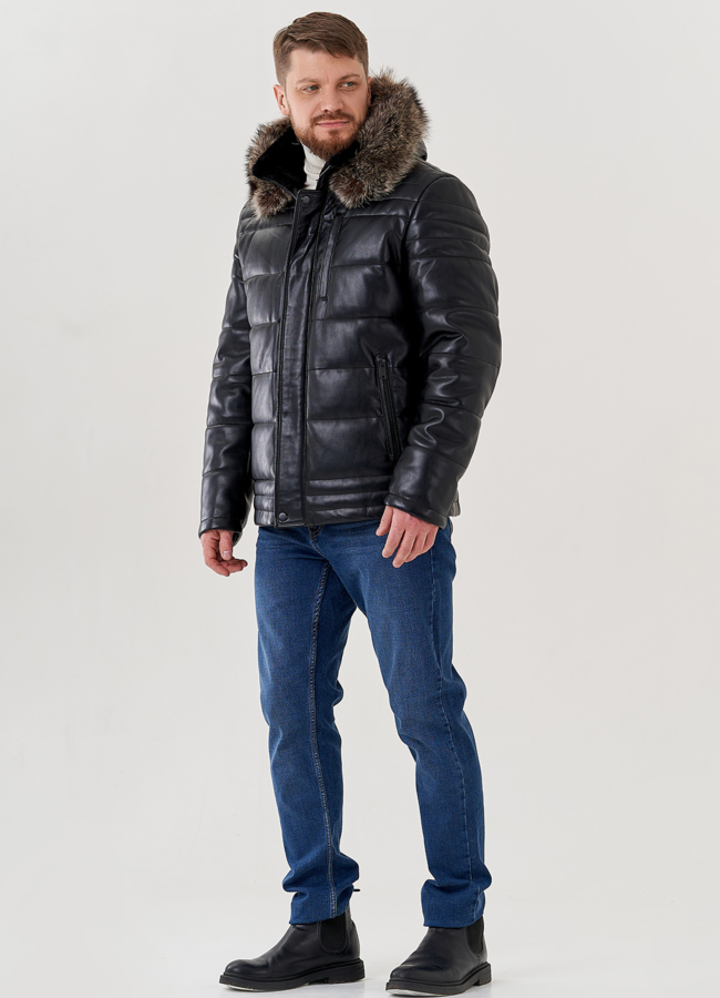 Мужской пуховик из эко кожи с капюшоном  модель № 79602 в кредит