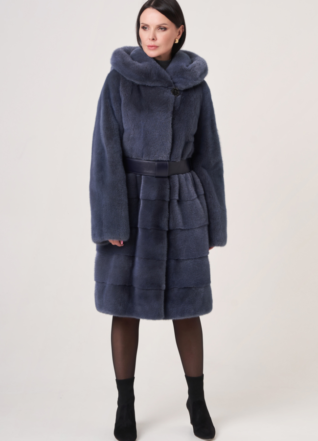 Шуба из норки на поясе с капюшоном модель № S-756 универмаг малина