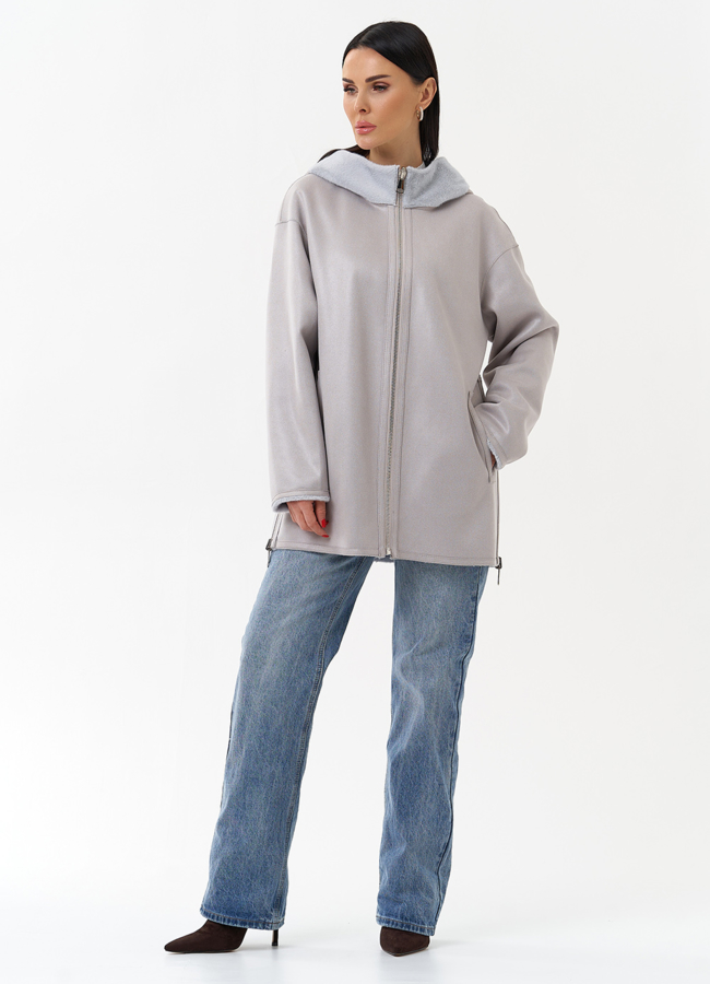 Двухсторонняя дубленка из эко замши с капюшоном модель № 29986 универмаг малина