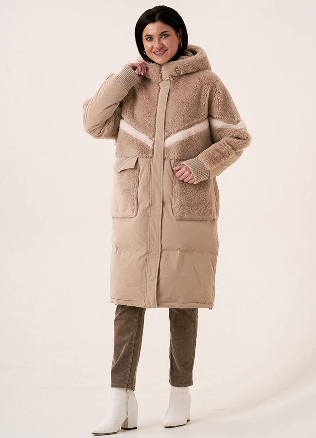 Комбинированный пуховик с шерстью модель № 18199 меха малина