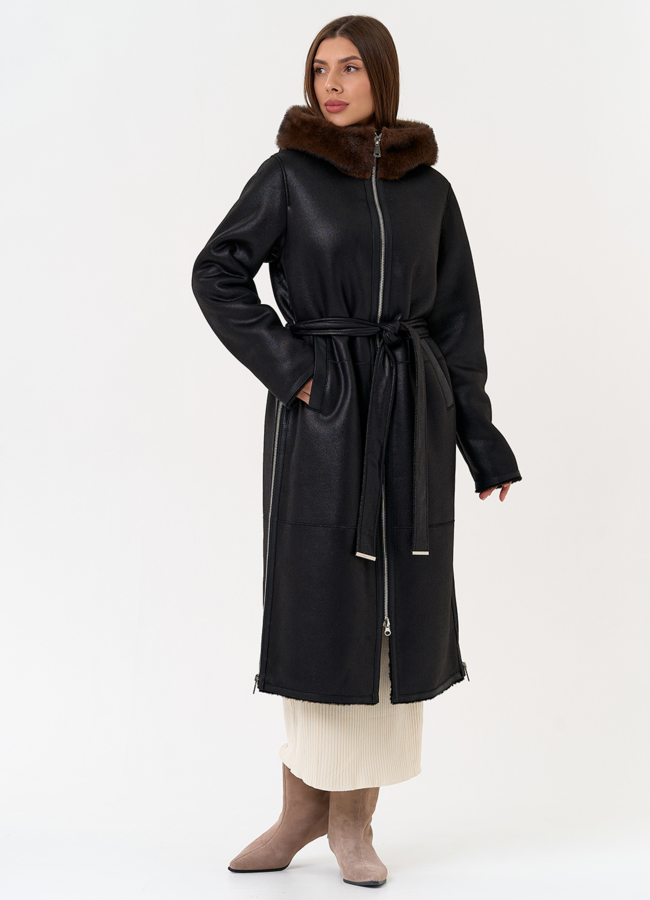 Женская дубленка из эко замши с поясом модель № 31432 меха малина Женская дубленка из эко замши с поясом модель № 31432 меха малина