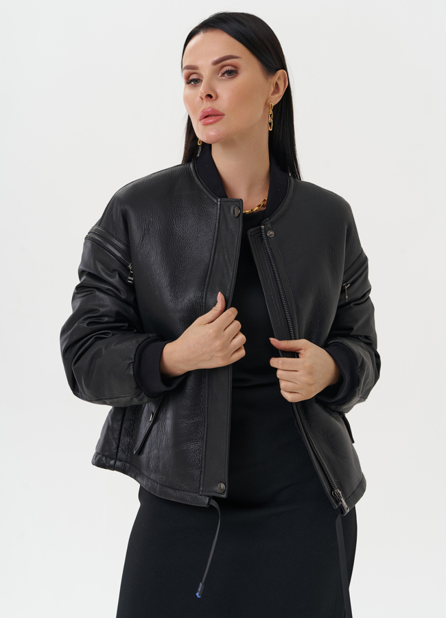 Кожаная дубленка с акцентными молниями модель № 28118 универмаг малина