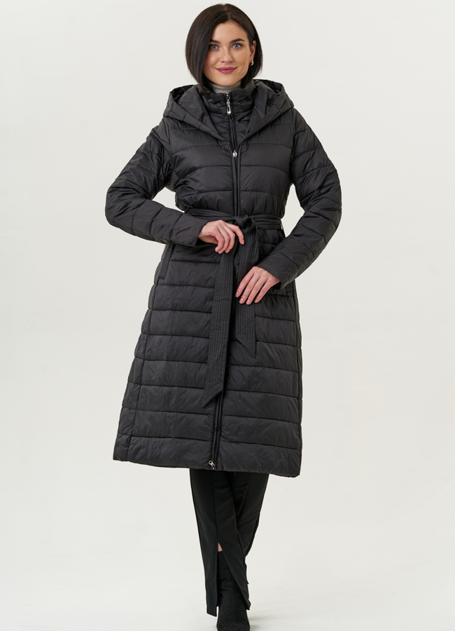 фото Женское удлиненное пальто с капюшоном и поясом модель № 22329