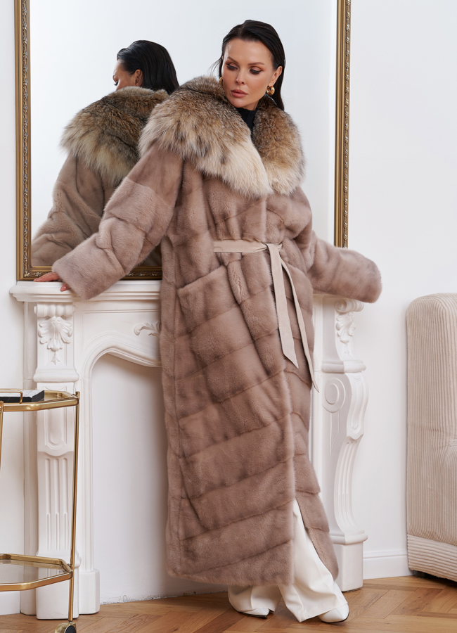 Норковая шуба с капюшоном из меха рыси модель № 27566 меха малина