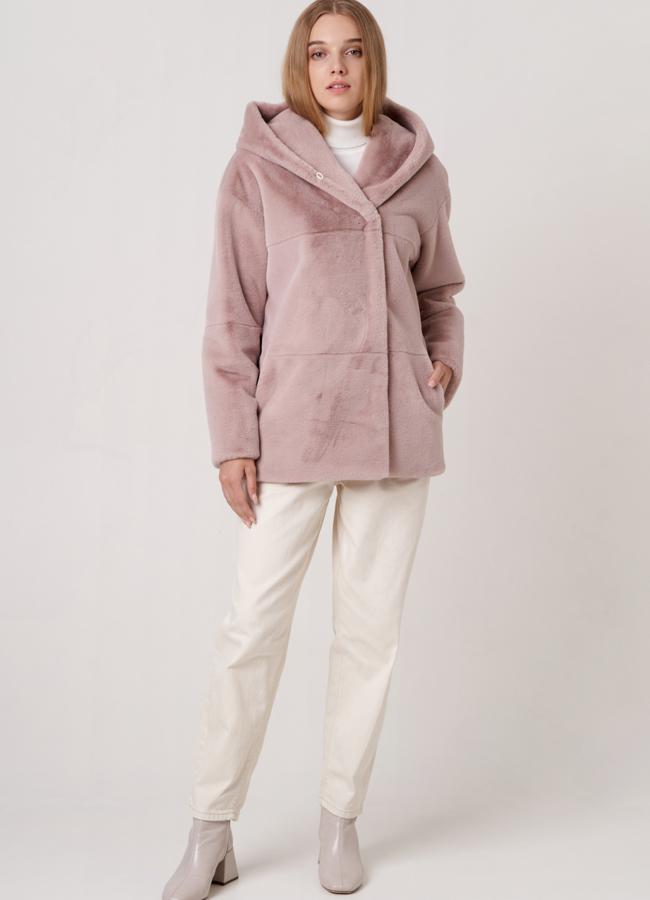 фото Укороченная шуба из искусственного меха с капюшоном модель № 12776