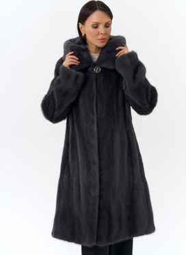 Норковая шуба годе/балетка в роспуск с капюшоном цвета графит