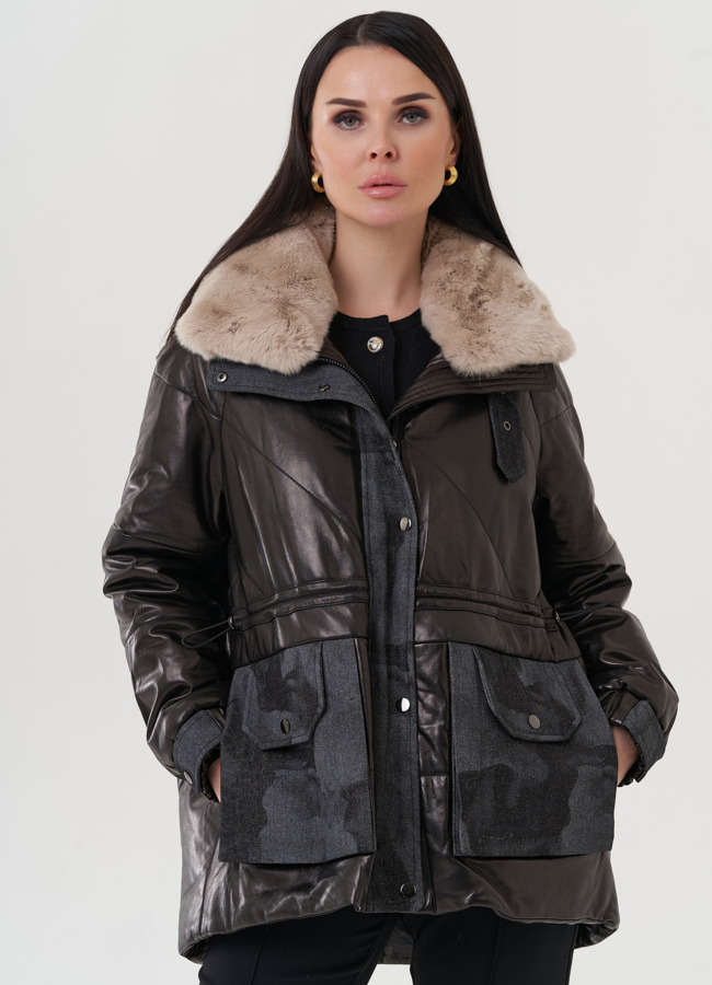 Полупальто из натуральной кожи с отделкой из меха песца  модель № 25381 меха малина