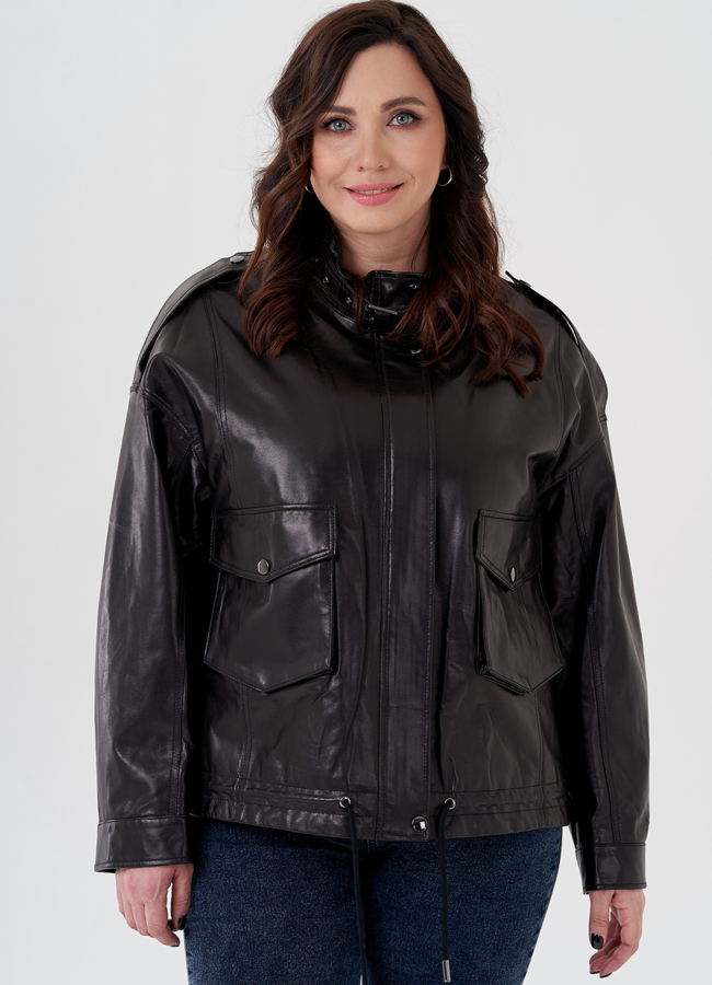 Куртка из натуральной кожи черного цвета модель № 24096 меха малина Куртка из натуральной кожи черного цвета модель № 24096 меха малина