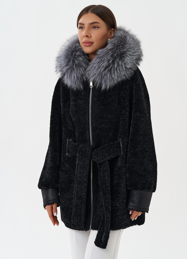 Двухсторонняя дубленка из эко кожи с капюшоном модель № 27772 универмаг малина