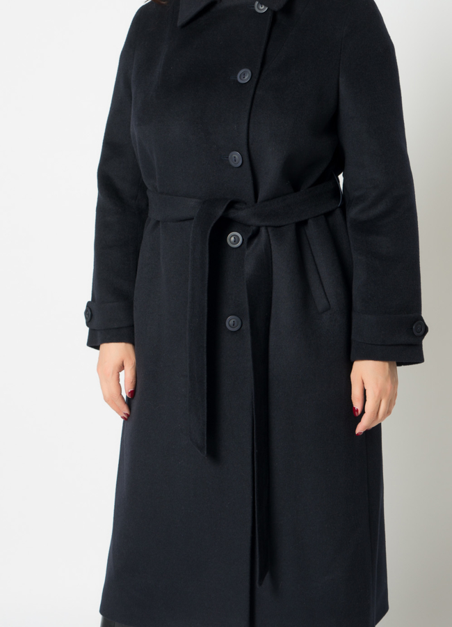 Женское пальто синего цвета с поясом модель № 21372 универмаг малина